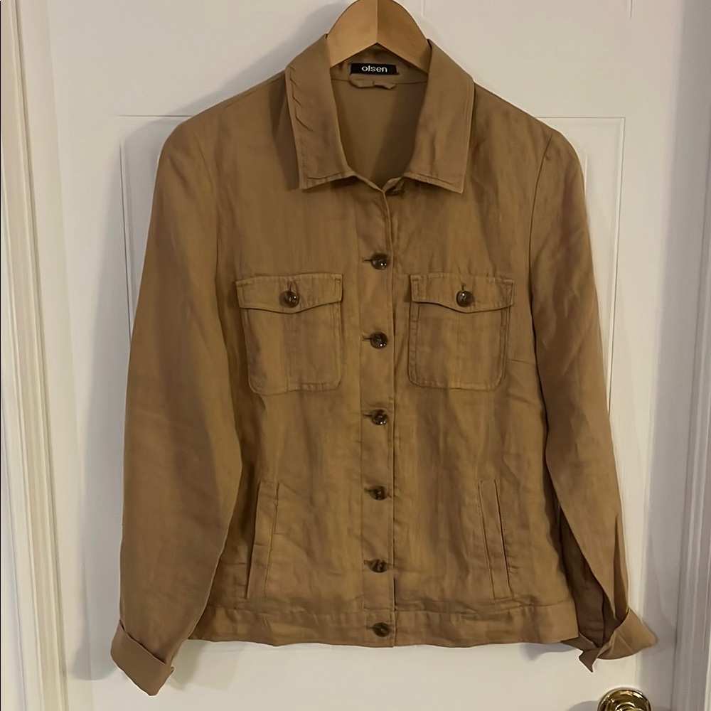 # 9-Olsen Tan Utility Jacket Lightweight linen Shirt-Style